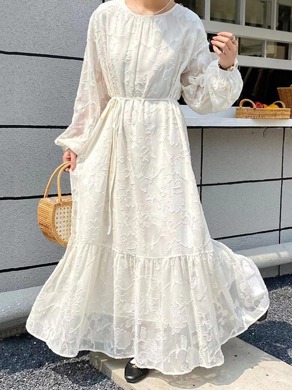 Flower Print Pleated Solid Color Split-Joint Tied Waist Long Sleeves Loose Round-Neck Maxi Dresses