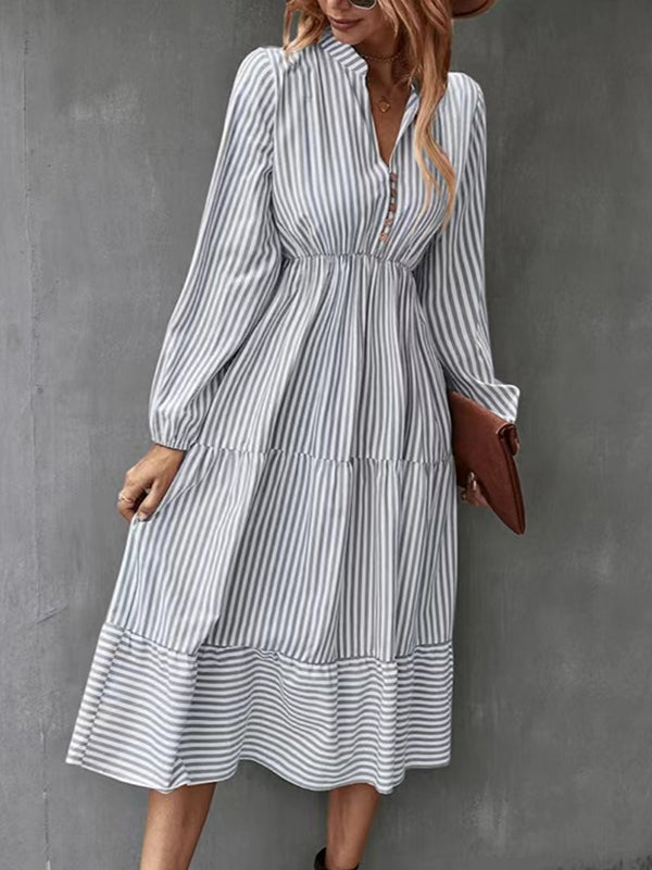 Pleated Split-Joint Striped Loose Puff Sleeves V-Neck Shirt Dress Midi Dresses