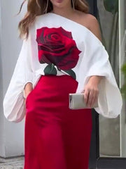 Asymmetric Elasticity Flower Print Long Sleeves Loose One-Shoulder Blouses&Shirts Tops