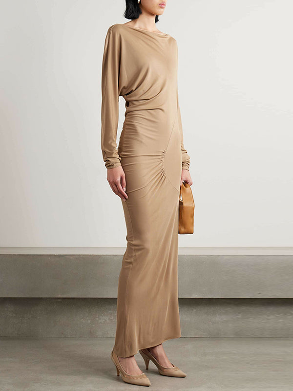 Pleated Solid Color Split-Joint Long Sleeves Skinny Round-neck Maxi Dresses