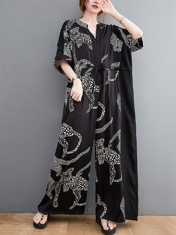 Vintage Original Floral Leopard Printed Split-Joint Tied V-Neck Half Sleeves Wide Leg Jumpsuits