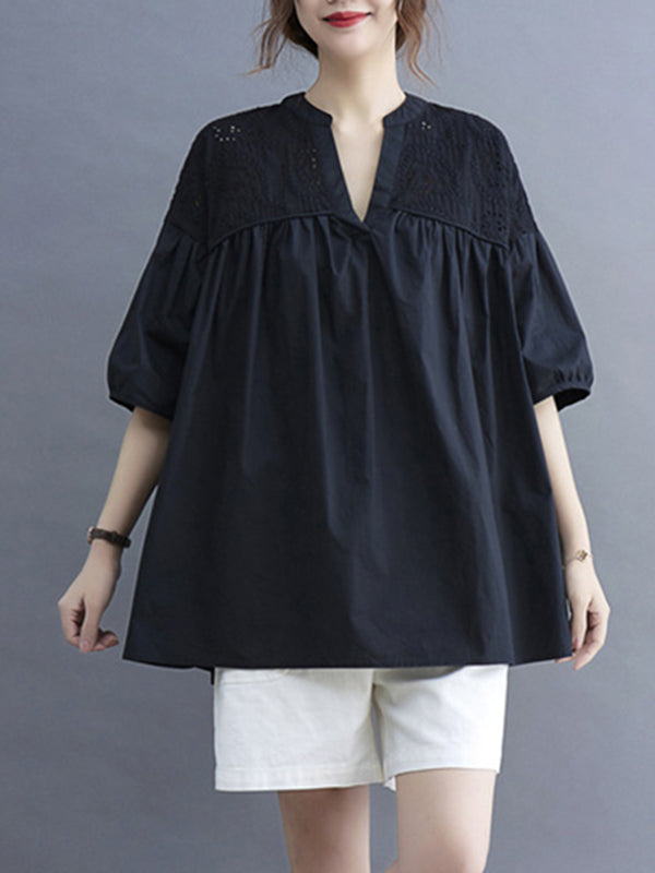 Hollow Pleated Solid Color Split-Joint Half Sleeves Loose V-Neck T-Shirts