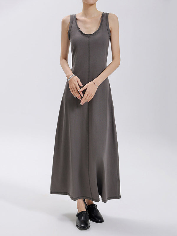 Solid Color Split-Joint Loose Sleeveless Round-Neck Maxi Dresses