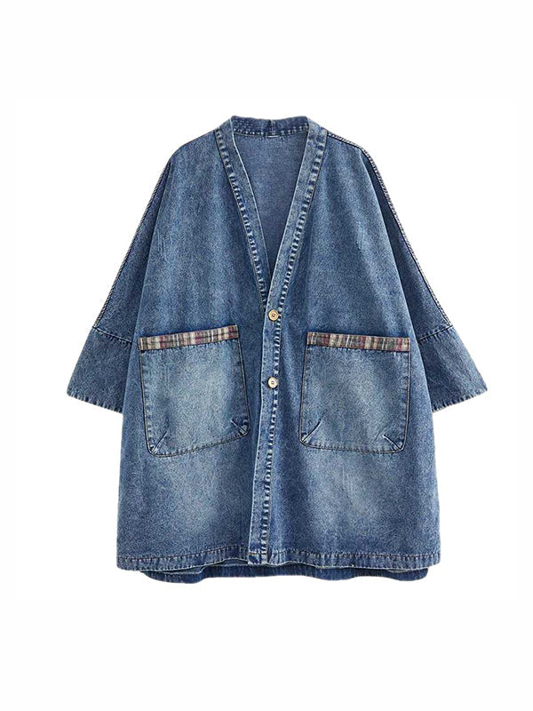 Buttoned Plaid Pockets Split-Joint Long Sleeves Loose V-Neck Denim Outerwear