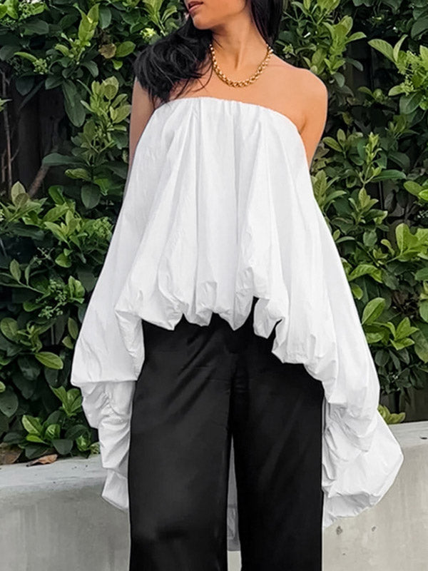 Elasticity Pleated Solid Color Split-Joint High-Low Sleeveless Tube Blouses&Shirts Tops
