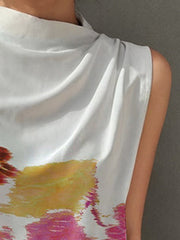 Asymmetric Pleated Printed Split-Joint Loose Sleeveless High Neck Vest Top