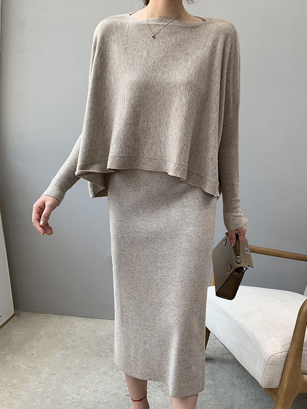 Solid Color Batwing Sleeves High-Low Boat Neck Sweater Pullovers Knitwear