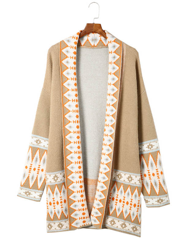 Contrast Color Long Sleeves Loose Collarless Cardigan Tops