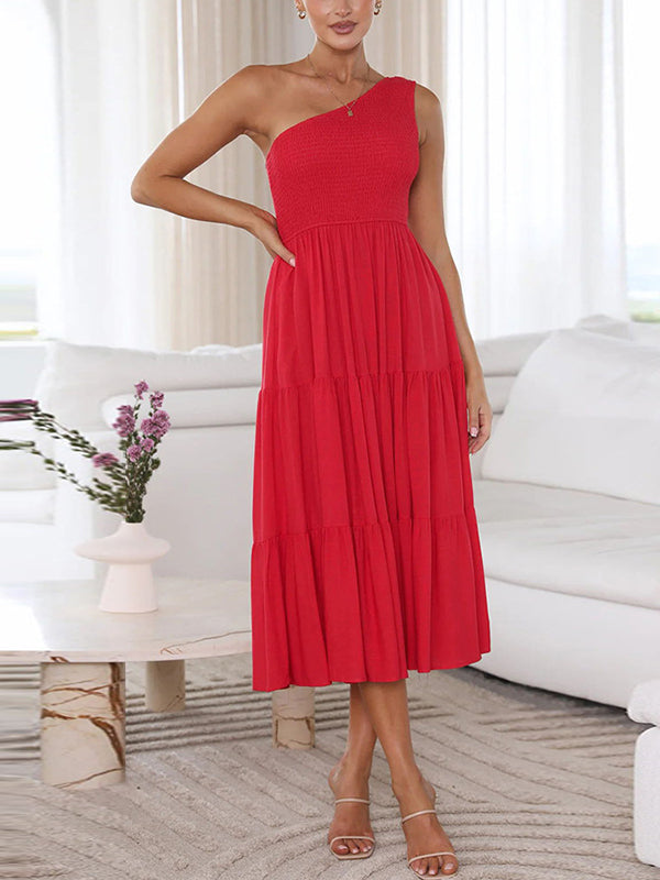 Pleated Solid Color Loose One-shoulder Midi Dresses