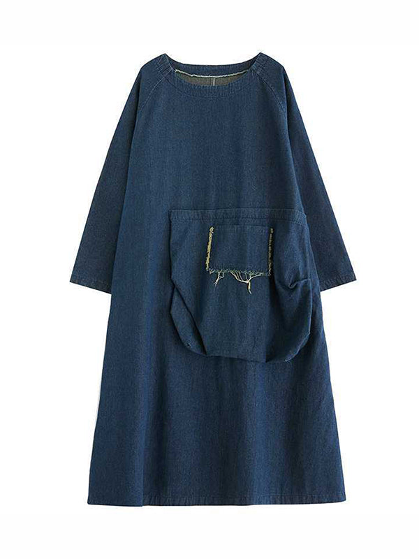 Fringed Pockets Split-Joint A-Line Long Sleeves Round-Neck Midi Dresses