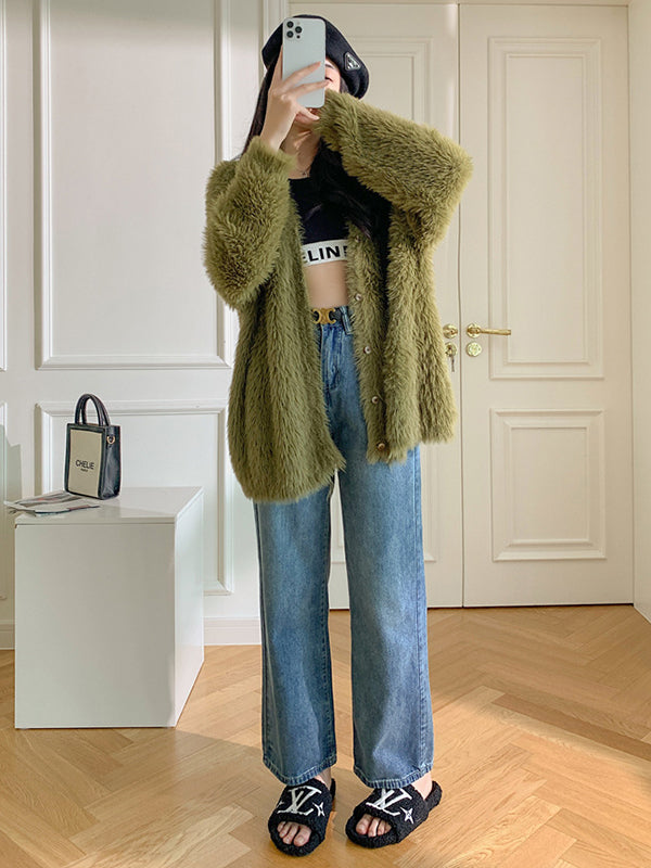 Casual Long Sleeves Loose Solid Color V-Neck Cardigan Tops