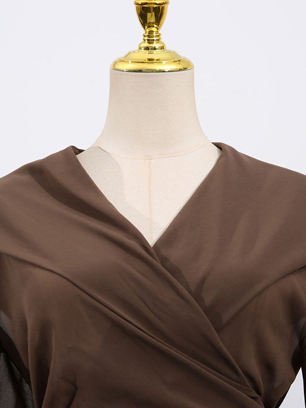 Pleated See-Through Solid Color Tied Waist Long Sleeves Loose Hooded Blouses&Shirts Tops