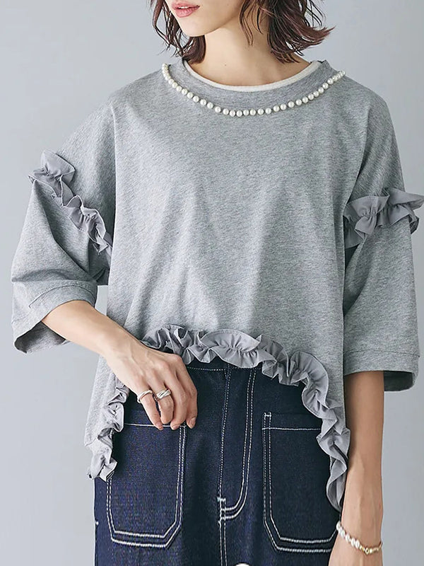 Beaded Ruffled Solid Color Half Sleeves Round-Neck T-Shirts Tops&Pants Two Pieces Set