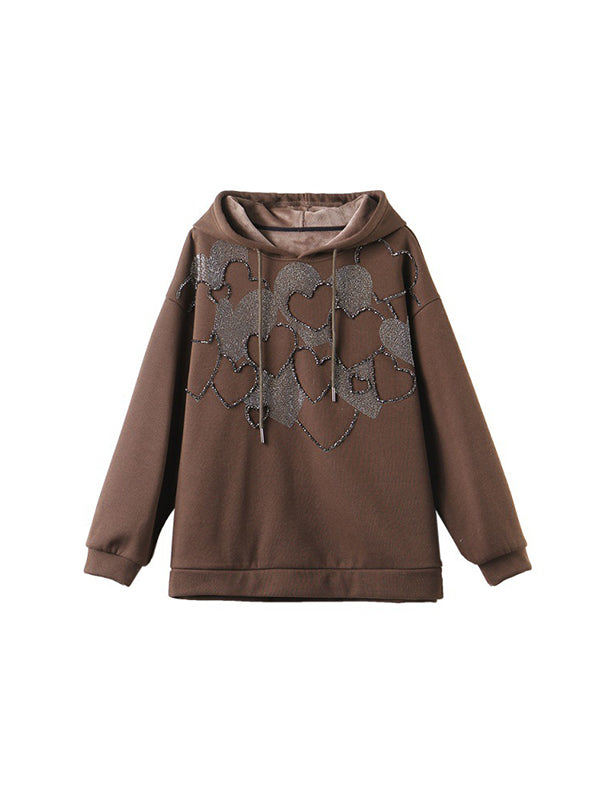 Drawstring Heart Print Rhine Stones Velvet Long Sleeves Loose Hoodies Tops