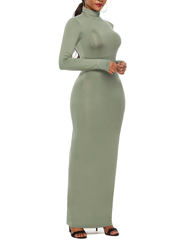 Solid Color Bodycon Long Sleeves High Neck Maxi Dresses