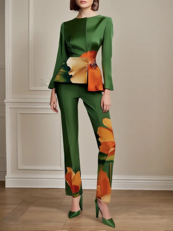 Flower Print Split-Joint High Waisted Trousers Pants