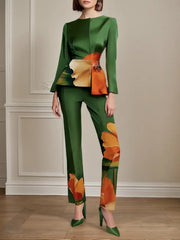 Flower Print Split-Joint High Waisted Trousers Pants