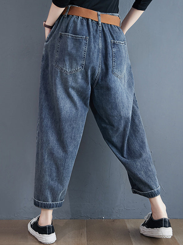 Artistic Retro Loose Velvet Elasticity Belted Jean Pants