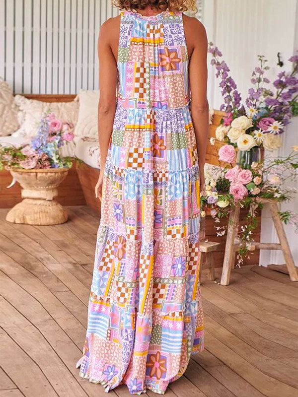 Contrast Color Flower Print Plaid Printed Loose Sleeveless Round-Neck Maxi Dresses