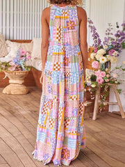 Contrast Color Flower Print Plaid Printed Loose Sleeveless Round-Neck Maxi Dresses
