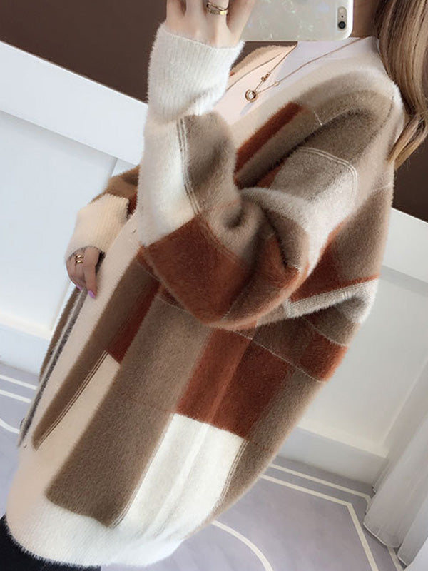 Casual Long Sleeves Loose Buttoned Contrast Color Plaid Deep V-Neck Sweater Tops Cardigan Coats