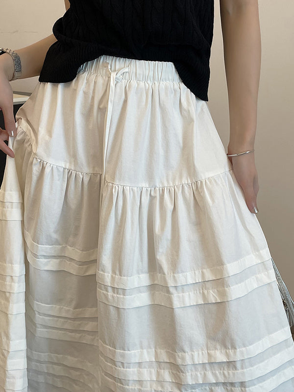 Drawstring Elasticity Pleated See-Through Solid Color Split-Joint A-Line Loose Skirts