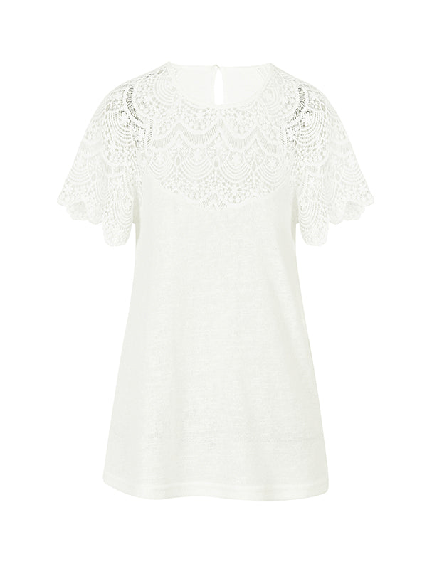 Hollow Solid Color Split-Joint Loose Short Sleeves Round-Neck T-Shirts Tops