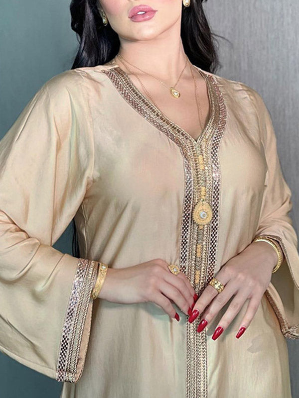 Muslim Rhine Stones Long Sleeves Loose V-Neck Robes Maxi Dresses
