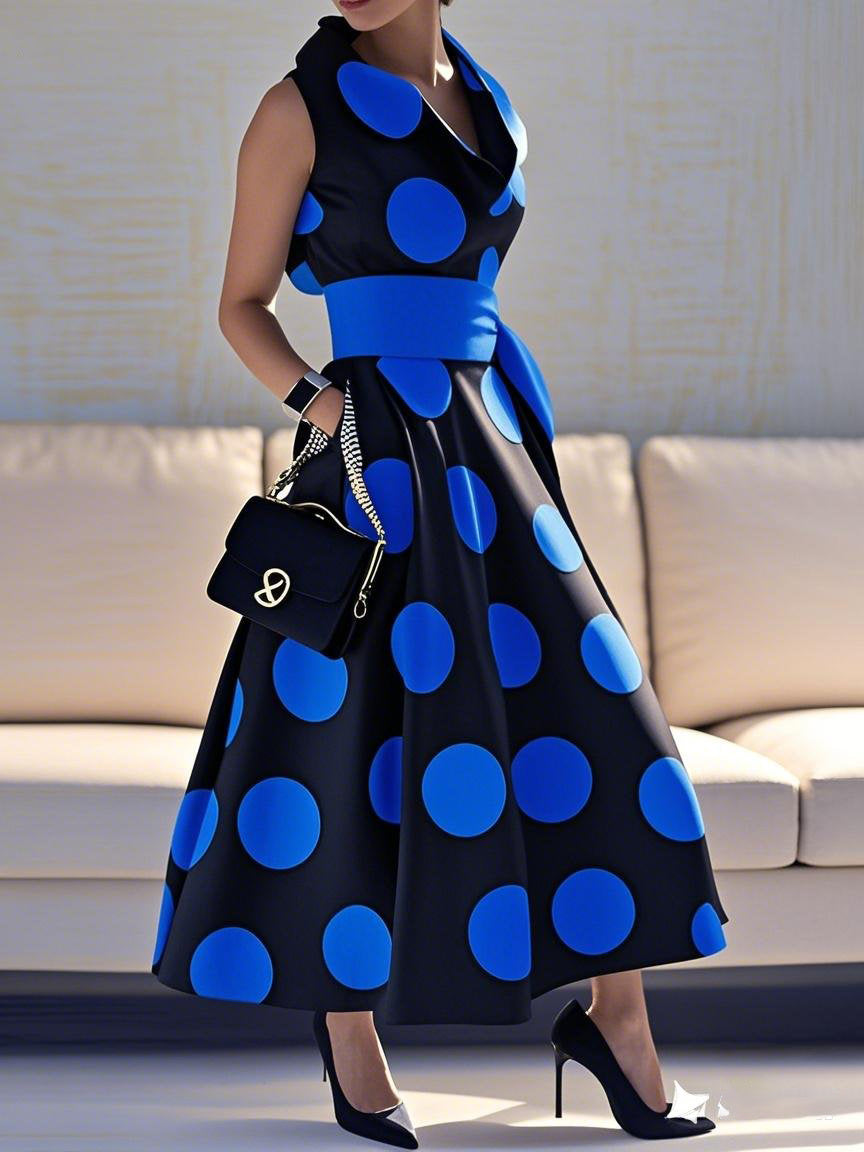 Pockets Polka-Dot Split-Joint Tied Waist A-line Loose Lapel Shirt Dress Maxi Dresses