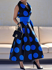 Pockets Polka-Dot Split-Joint Tied Waist A-line Loose Lapel Shirt Dress Maxi Dresses