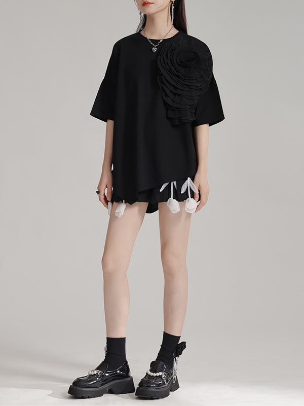 Asymmetric Solid Color Three-Dimensional Flower Loose Short Sleeves Round-Neck T-Shirts Tops