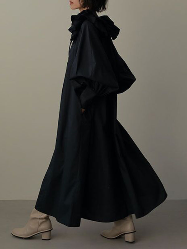 Pleated Solid Color Split-Joint Tiered Loose Puff Sleeves V-Neck Midi Dresses