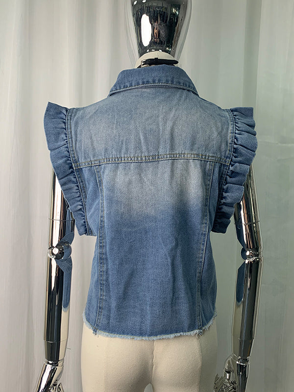 Buttoned Fringed Pockets Split-Joint Loose Ruffle Sleeves Lapel Vest Outerwear