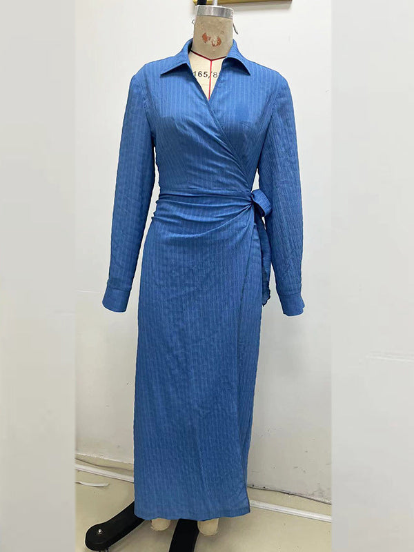 Asymmetric Solid Color Tied Long Sleeves Loose Lapel Maxi Dresses