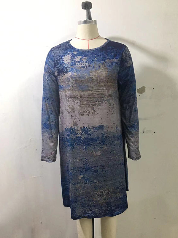 Casual Long Sleeves Contrast Color Printed Round-Neck Mini Dresses