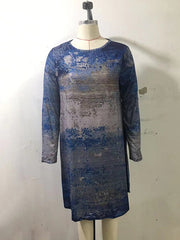 Casual Long Sleeves Contrast Color Printed Round-Neck Mini Dresses