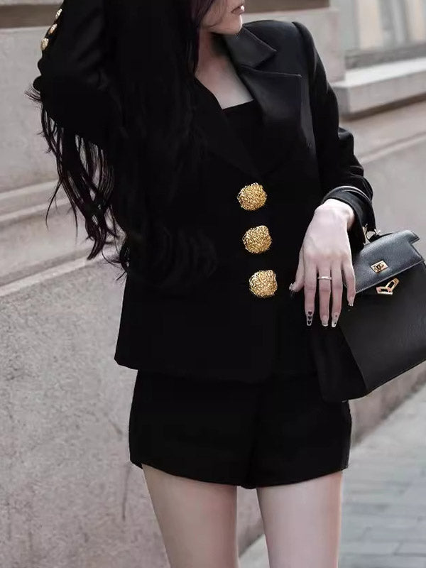 Buttoned Pockets Split-Joint Long Sleeves Loose Notched Collar Outerwear Blazer