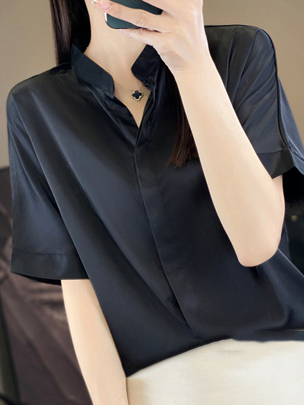 Buttoned Solid Color Loose Short Sleeves Stand Collar Blouses&Shirts Tops