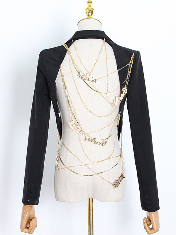 Backless Chains Long Sleeves Notched Collar Outerwear Blazer