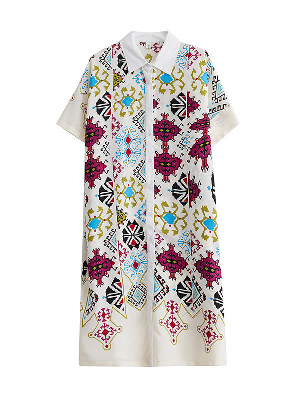 Ethnic Printed Loose Short Sleeves Lapel Midi Dresses