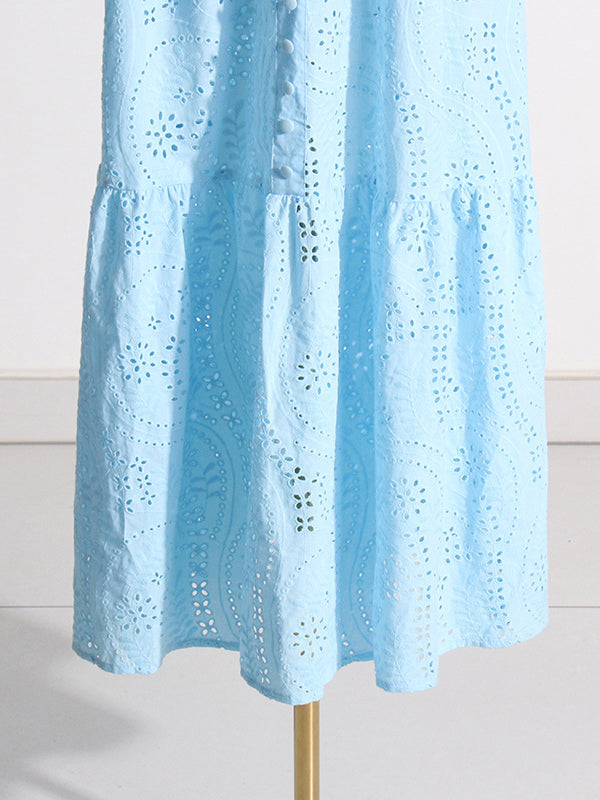 Buttoned Crochet Embroidered Hollow Solid Color Zipper High Waisted Sleeveless Deep V-Neck Maxi Dresses