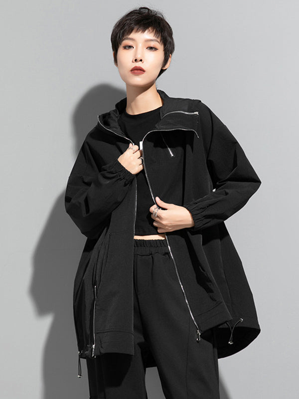 Irregularity Loose Solid Color Zipper Hooded Outerwear