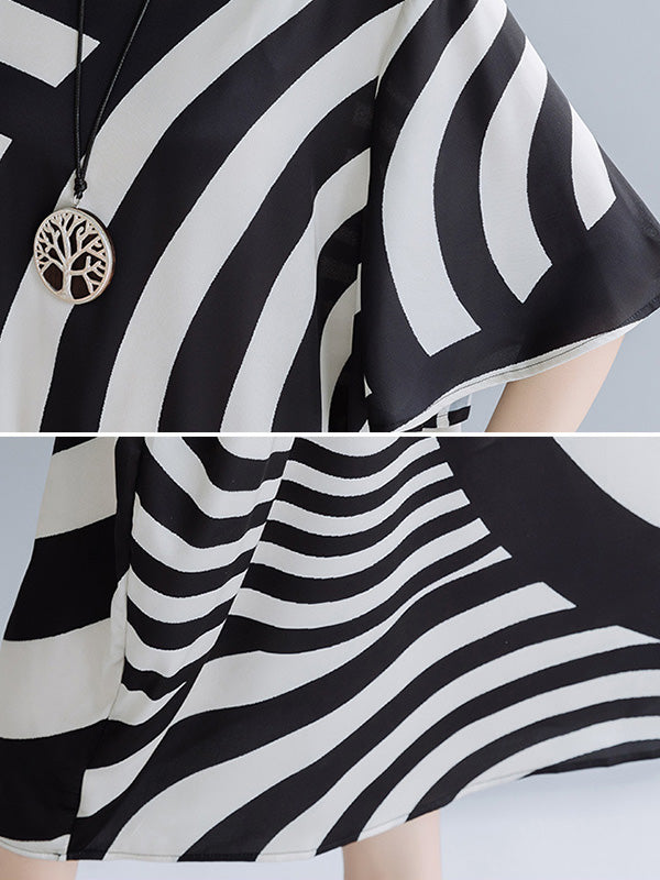 Original Striped Irregularity Round-Neck Midi Dress