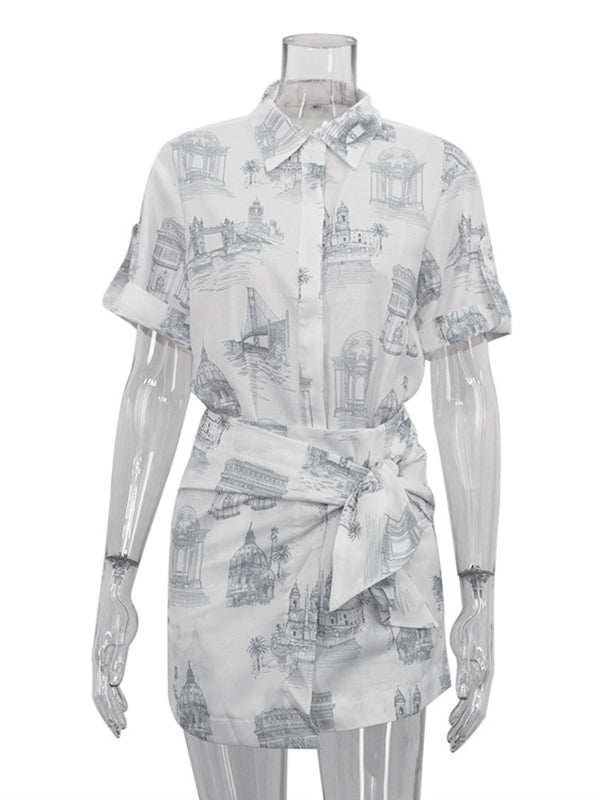 Lapel Loose Buttoned Printed Blouses Tops + Tied Bodycon Skirts bottom Two Pieces Set