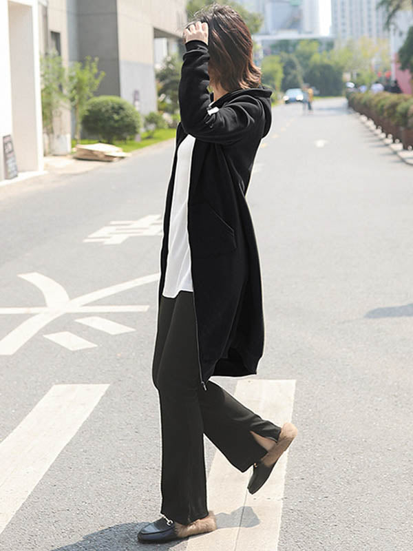 4Colors Drawstring Hooded Split-Joint Pocket Solid Color Zipper Outerwear