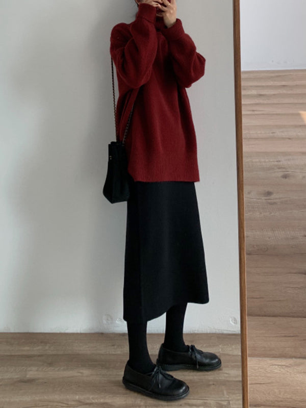 Solid Color Split-Joint Split-Side Long Sleeves Loose High Neck Sweater