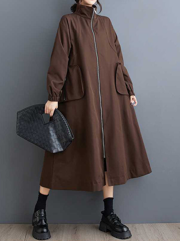 Elasticity Pockets Split-Joint Zipper Long Sleeves Loose High Neck Trench Coats Outerwear