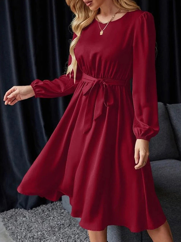 Elasticity Pleated Solid Color Split-Joint Tied Waist Loose Puff Sleeves Round-neck Midi Dresses