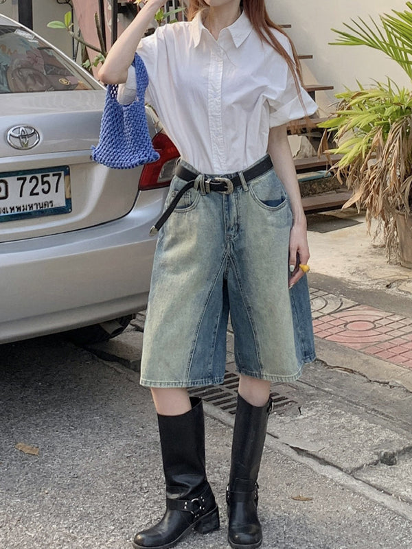 Gradient Split-Joint High Waisted Loose Shorts Half Pants Denim Shorts