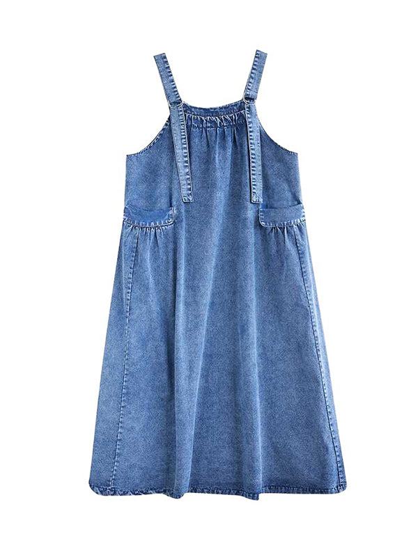 Pleated Pockets Split-Joint A-Line Loose Spaghetti-Neck Suspender Dress Maxi Dresses